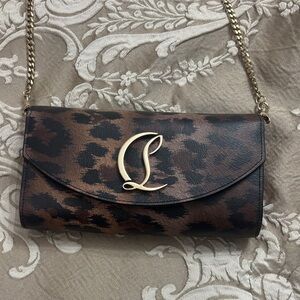 Christian Louboutin Brown Leopard Clutch with Gold Chain